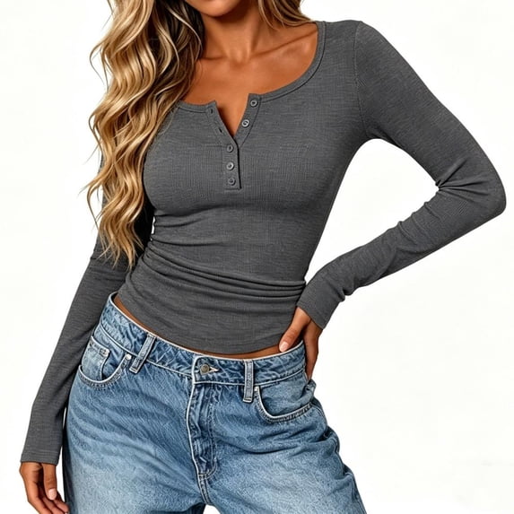 Umfun Women's Ribbed Top Long Sleeve Henley Shirt - Casual Slim Fit Tunic with Button for Daily Wear