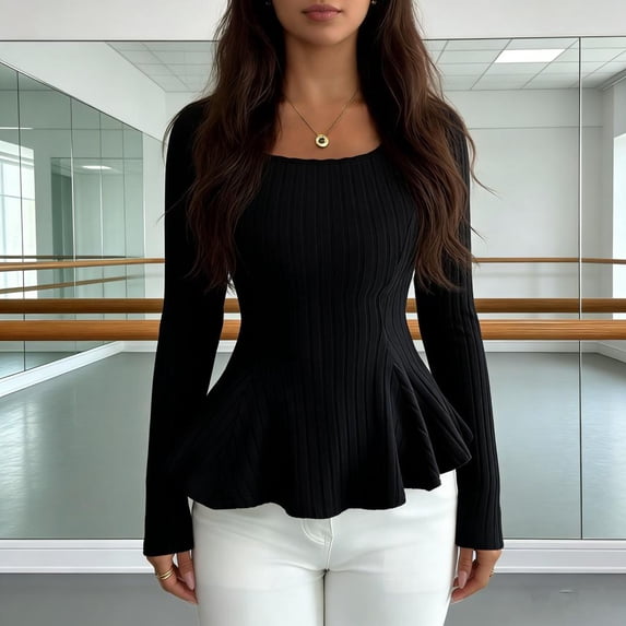 Umfun Women's Peplum Top Long Sleeve Scoop Neck Blouse - Casual Slim Fit Tunic Shirt with Ruffle Hem for Work and Daily Wear