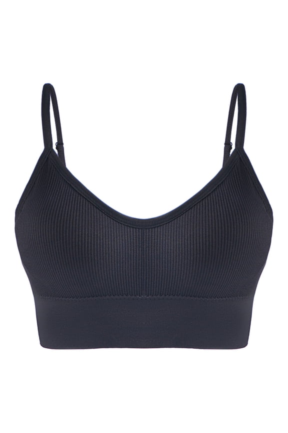 Women's Ribbed Scoop Neck Bralette with Open Back Detail - Thin Straps Wireless Crop Top with Removable Cups for Everyday Wear