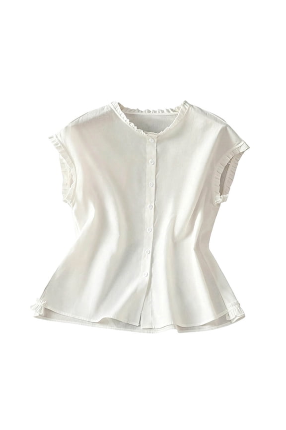 Women's Romantic Ruffle Trim Button-Down Top with Flutter Sleeves - Charming Solid Color Summer Blouse for Casual Daily Wear & Vacation Outings