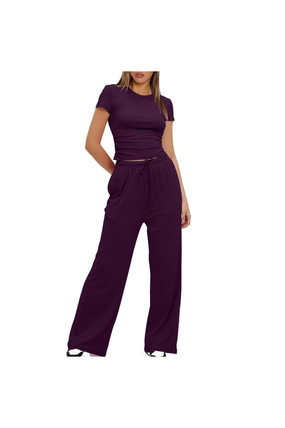 Women's Ruched Crop Top Slim Fit Two-Piece Set, Round Neck Short Sleeve with Matching Wide Leg Pants, Casual Outfit for Everyday Wear
