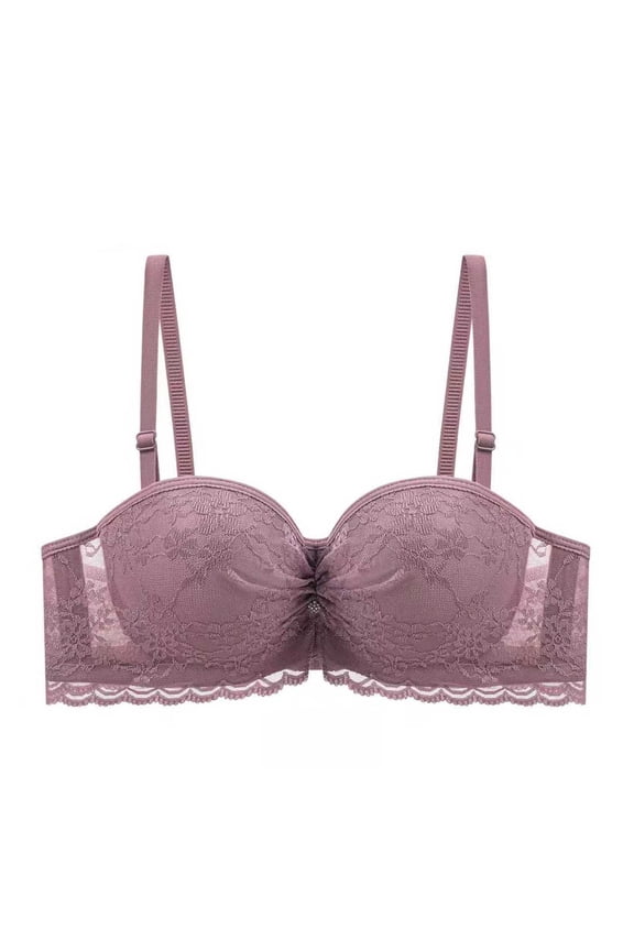 Women's Ruched Front Lace Balconette Bra - Underwire Half-Cup Bandeau with Scalloped Trim for Natural Cleavage & Push-Up Support