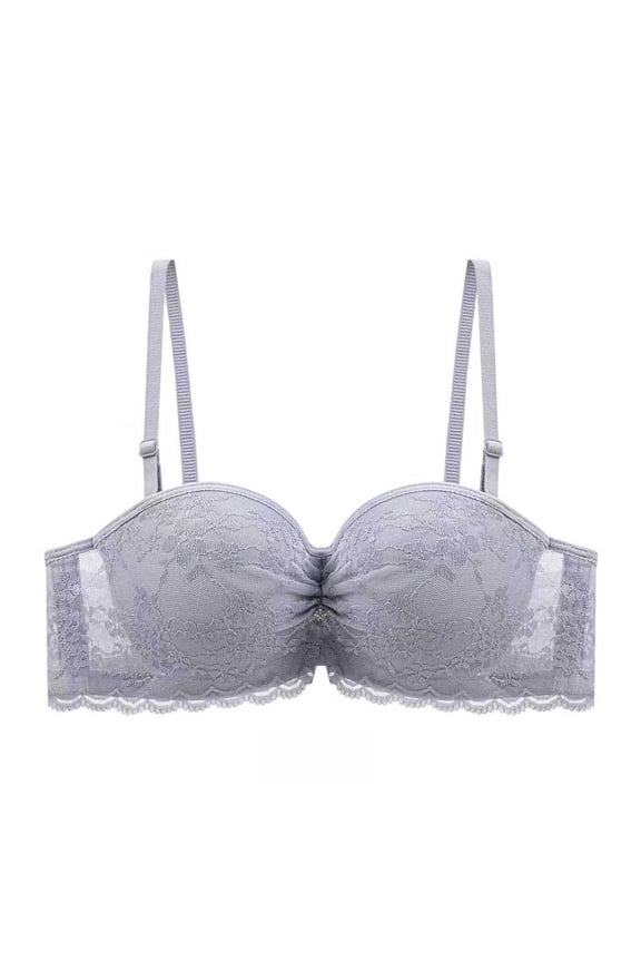 Women's Ruched Front Lace Balconette Bra - Underwire Half-Cup Bandeau with Scalloped Trim for Natural Cleavage & Push-Up Support