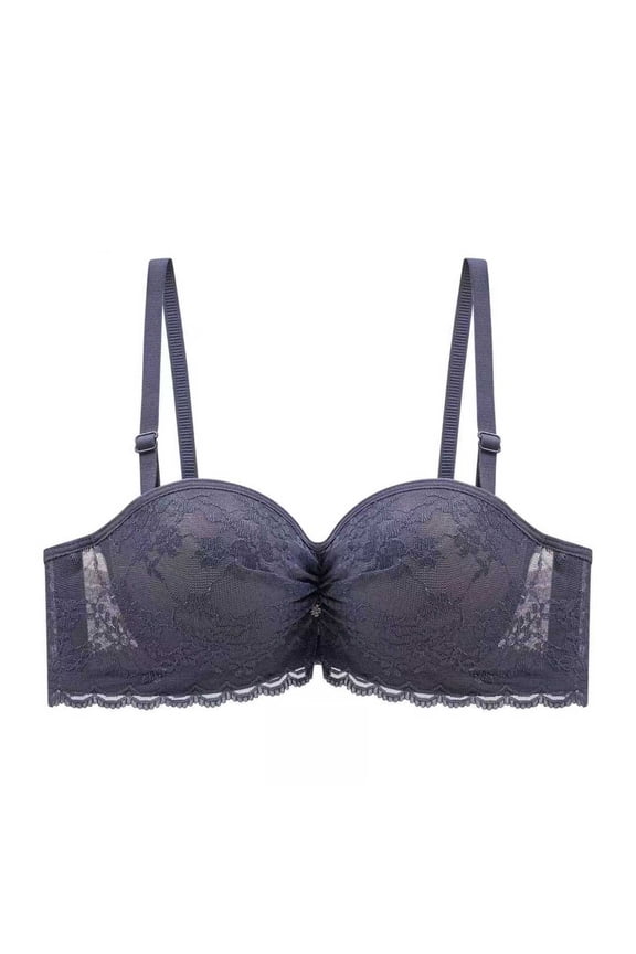 Women's Ruched Front Lace Balconette Bra - Underwire Half-Cup Bandeau with Scalloped Trim for Natural Cleavage & Push-Up Support