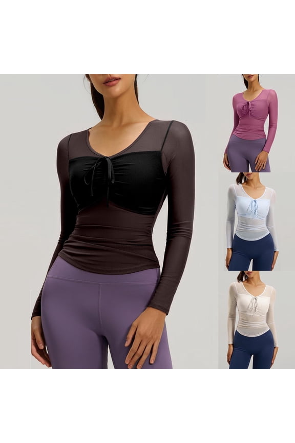 Women's Ruched Sport Top Mesh Long Sleeve Drawstring Front Athletic Blouse Slim Fit Workout Tunic for Yoga Gym Running and Daily Wear