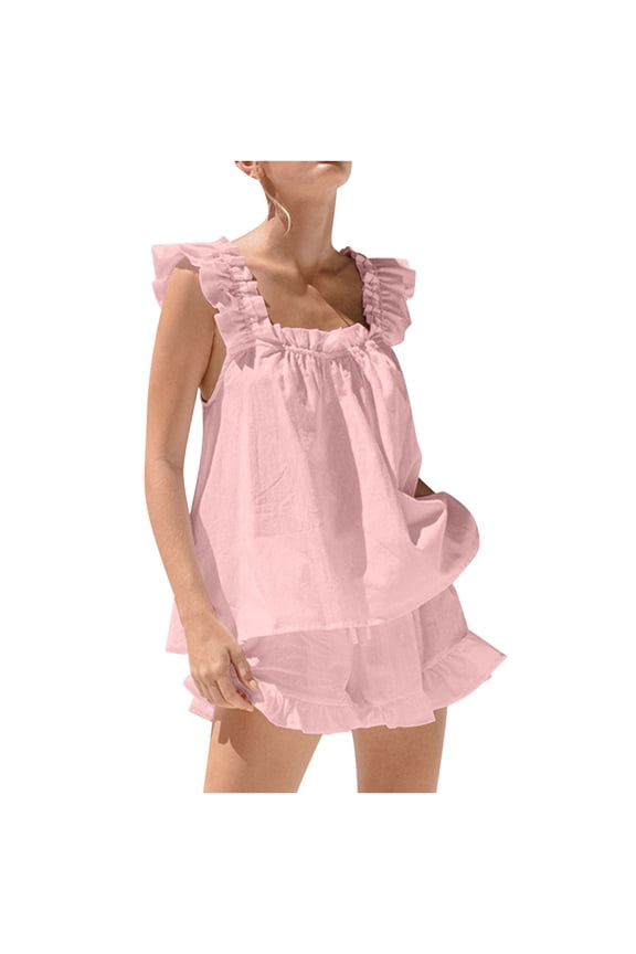 Women's Ruffle Trim Two-Piece Set, Square Neck Ruffle Strap Top with Matching Ruffle Hem Shorts, Casual Outfit for Beach and Vacation