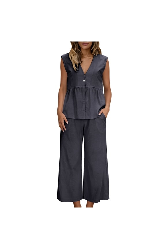 Women's Ruffled Peplum Relaxed Fit Two-Piece Set, V-Neck Sleeveless Top with Matching Wide Leg Pants, Casual Outfit for Everyday Wear