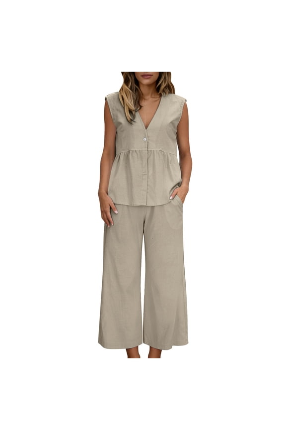 Women's Ruffled Peplum Relaxed Fit Two-Piece Set, V-Neck Sleeveless Top with Matching Wide Leg Pants, Casual Outfit for Everyday Wear
