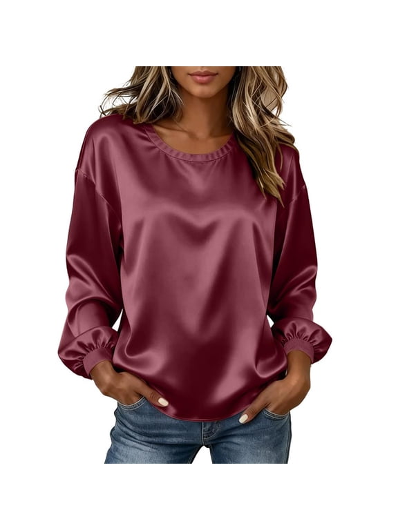 Women's Satin Blouse Crew Neck Puff Sleeve Long Sleeve Top - Silky Casual Loose Fit Pullover Tunic Shirt Elegant