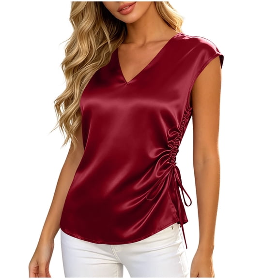 Umfun Women's Satin V-Neck Blouse with Ruched Side Tie Detail - Short Sleeve Top for Casual Daily Wear & Semi-Formal Occasions