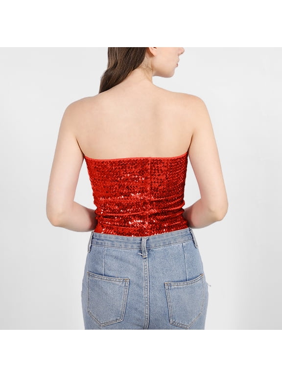 Women's Scene-Stealing Sequin Tube Top - Sparkly Glitter Crop Top, Dazzling Strapless Bandeau for Night Out, Rave & Daily Wear