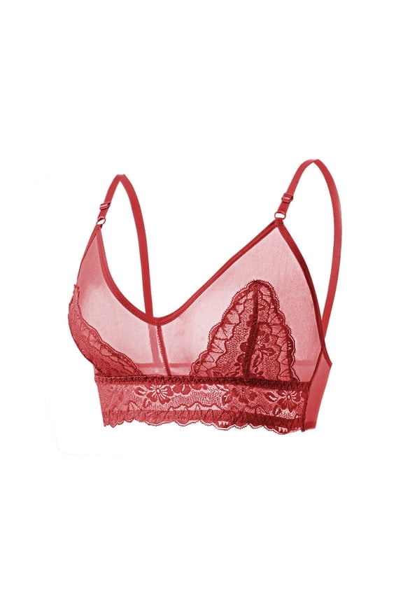 Women's Sheer Lace Deep V-Neck Wireless Bra - Lightweight Bralette with Thin Straps for Romantic Style & Minimal Support