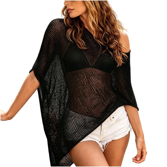 Umfun Women's Sheer Mesh One Shoulder Beach Cover Up - Lightweight Breathable Knit Poncho for Beach Vacation