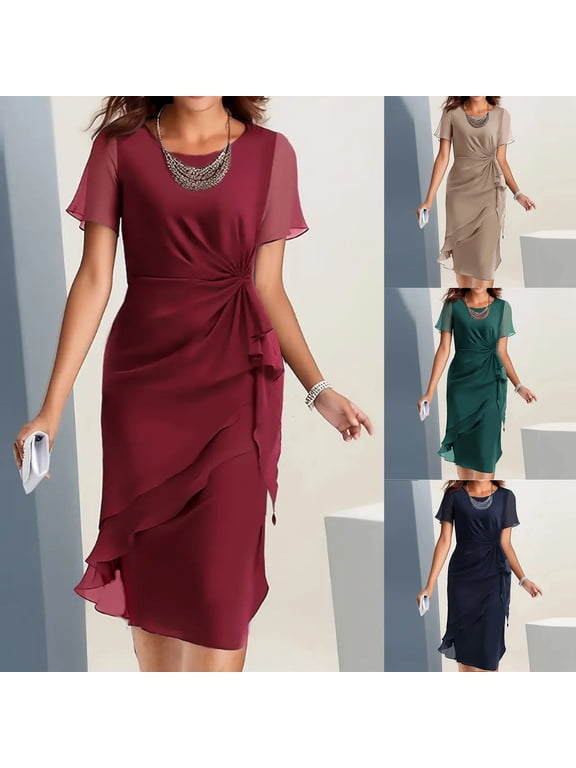 Women's Short Sleeve Side Tie Midi Dress - Elegant Solid Color Dress with Ruched Waist for Semi-Formal Events, Daily Wear, and Professional Settings