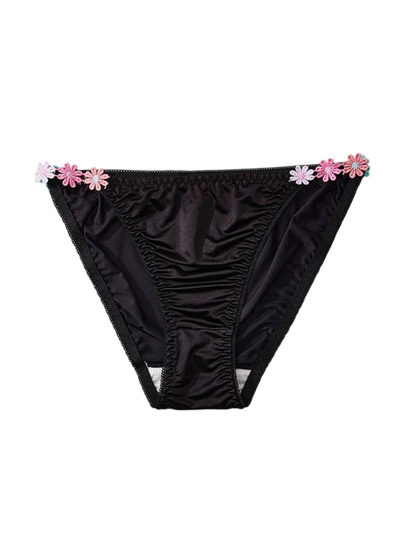 Panties for Women Silky Satin Bikini - Cute Floral Applique Low Rise Underwear for Comfort & Romantic Daily Wear