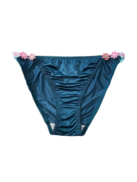 Panties for Women Silky Satin Bikini - Cute Floral Applique Low Rise Underwear for Comfort & Romantic Daily Wear