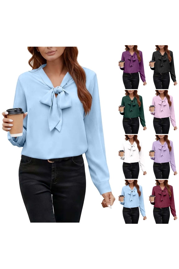 Women's Silky Tie Neck Blouse Elegant Bow Front Long Sleeve Work Top Office Business Casual Dressy Tunic Shirt for Fall Winter Party Wear