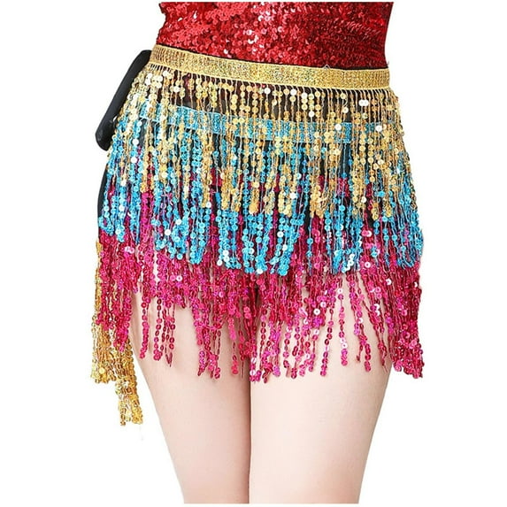 Umfun Women's Skirt Belly Dance Sequins Tassel Dance Skirt Bohemian Tassel Hip Scarf Lace Up Skirt Gold Free Size