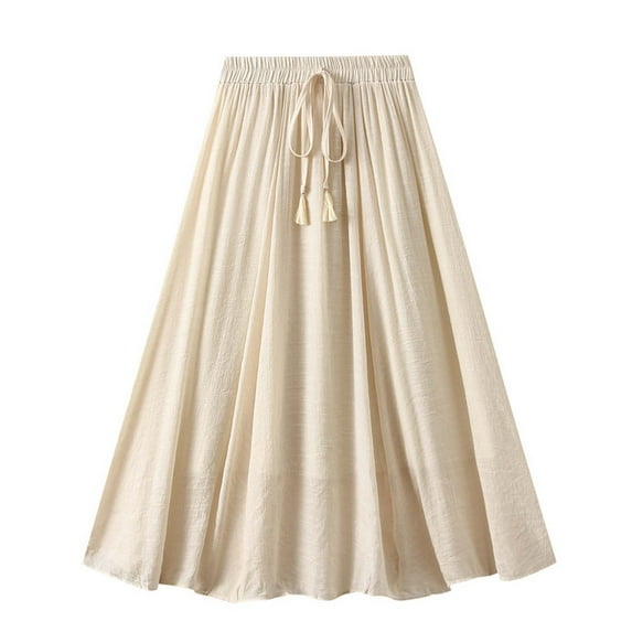 Umfun Women's Skirts Casual Solid Linen Elastic High Waist Pleated A Line Tied Midi Maxi Skirt Trendy Casual Versatile Skirt Beige Free Size