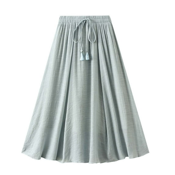 Umfun Women's Skirts Casual Solid Linen Elastic High Waist Pleated A Line Tied Midi Maxi Skirt Trendy Casual Versatile Skirt Blue Free Size