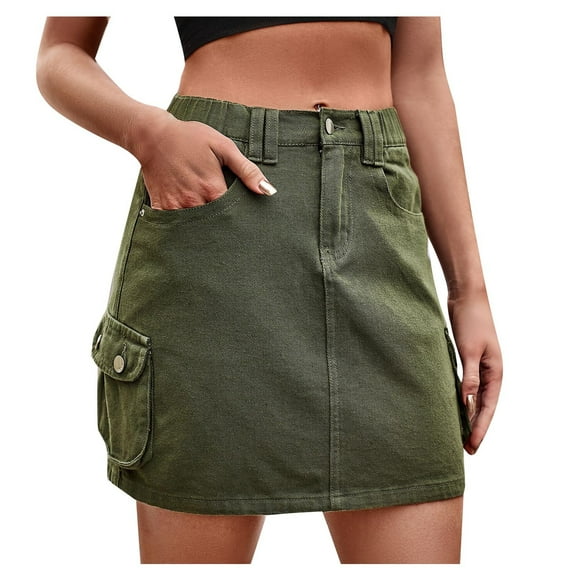 Umfun Women's Skirts Solid Denim Work Dress Skirt Elastic High Waist Button Casual Versatile Mini Skirt with Pockets Khaki XL