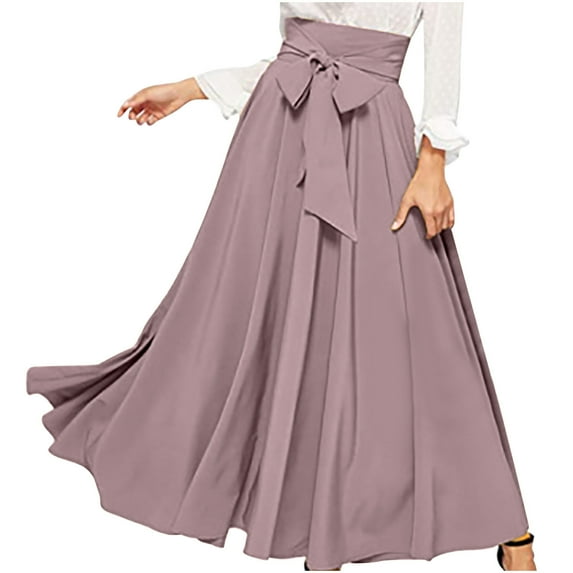 Umfun Women's Skirts Solid High Waisted Skirt Pleated A Line Swing Midi Tie Up Casual Maxi Skirts Swing Ankle Skirt Pink L