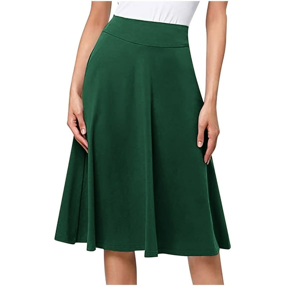 Umfun Women's Skirts Solid Stretchy High Waist A Line Pleated Loose Hem Skirt Basic Casual Versatile Maxi Skirt Green L