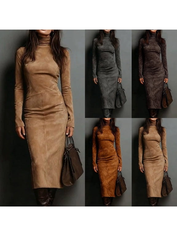 Dresses for Women Sleek Turtleneck Faux Suede Bodycon Midi Dress - Fall Winter Slim Fit Long Sleeve Pullover for Winter Office Commute and Casual Weekend Outings