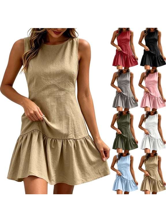 Women's Sleeveless A-Line Mini Dress with Drop Waist - Comfy Solid Color Short Summer Dress for Daily Casual Wear, Beach Days, and Easy Weekend Outings