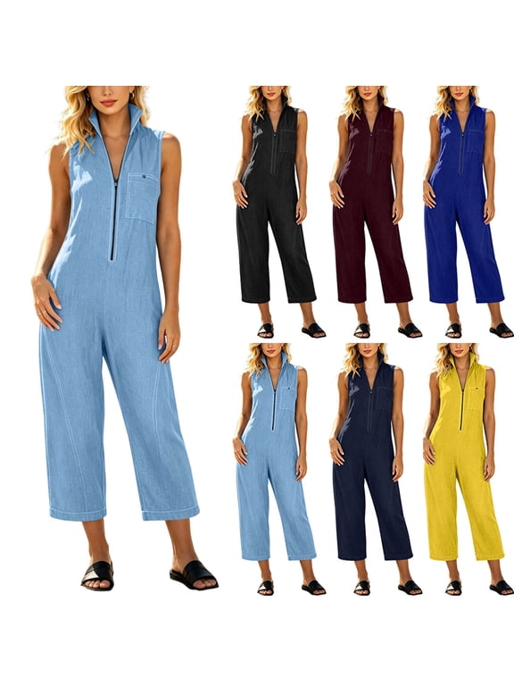 Women's Sleeveless Half-Zip Denim Jumpsuit with Patch Pocket - Casual Utility Wide Leg Romper for Daily Commute & Outdoor Activities