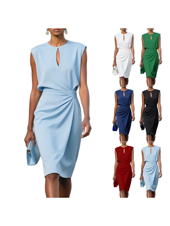 Women's Sleeveless Keyhole Midi Dress with Waist Draping - Ruched Detail Sheath Dress for Office, Semi-Formal Occasions, and Professional Everyday Wear