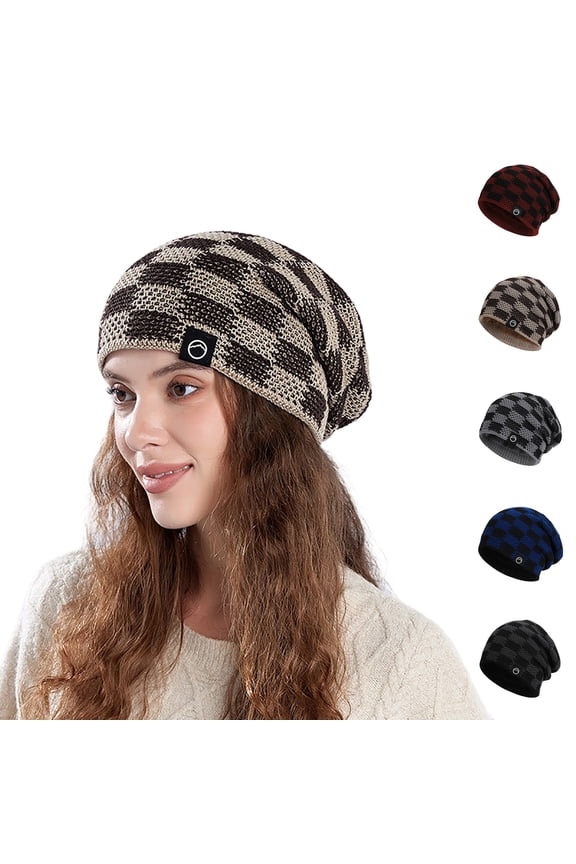 Women's Slouchy Beanie Hat Plaid Checkered Pattern Knit Skull Cap with Label Detail Warm Winter Beanie for Cold Weather Daily Commute Outdoor Travel