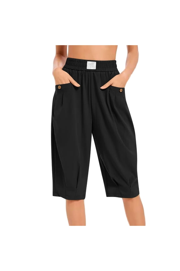 Women's Smocked Waist Pleated Capri Pants with Pocket Detail - Lightweight Summer Culottes for Beach Vacation & Daily Wear