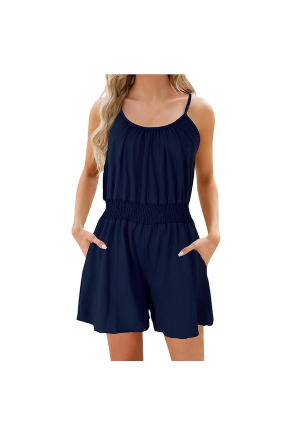 Women's Smocked Waist Romper with Pockets - Wide Strap Sleeveless Summer Playsuit for Lounge Wear & Casual Daily Wear Comfortable Outings