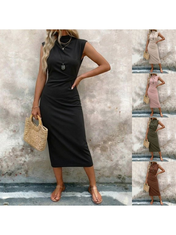 Women's Solid Color High Neck Midi Dress with Side Ruched Detail - Sleeveless Bodycon Work Dress for Office, Daily Wear, and Professional Occasions
