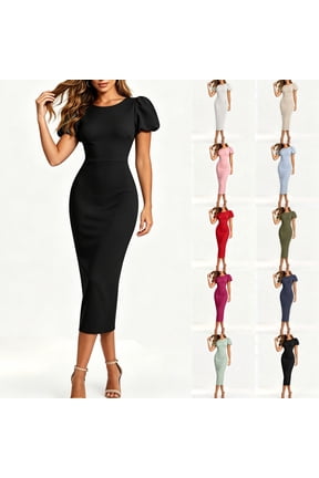 Women's Solid Color Puff Sleeve Bodycon Midi Dress - Slimming Waist-Defining Work Dress for Office, Semi-Formal Occasions, and Professional Settings