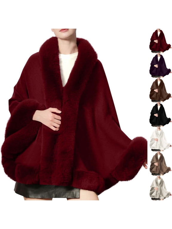 Women's Solid Faux Fur Trimmed Cape Wrap Mid-Length Winter Shawl Outerwear Luxurious Warm Cover Up for Party Vacation Casual Wear