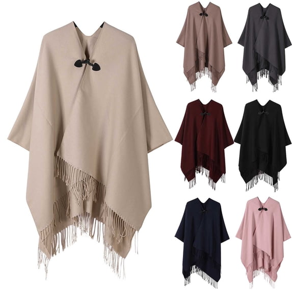 Umfun Women's Solid Fringe Cape Wrap Mid-Length Winter Shawl Outerwear with Front Clasp Closure for Casual Vacation Daily Wear