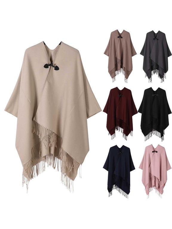 Women's Solid Fringe Cape Wrap Mid-Length Winter Shawl Outerwear with Front Clasp Closure for Casual Vacation Daily Wear