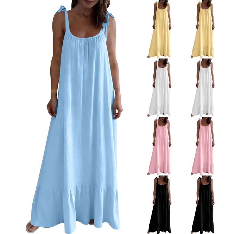 long casual lounge dresses Umfun Women's Spaghetti Strap Maxi Dress with Ruffle Hem