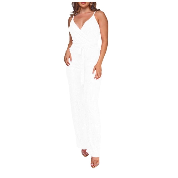 Umfun Women's Sparkle Sequin Wrap Jumpsuit with Self-Tie Belt - V-Neck Long Sleeve Romper for Evening Party & Night Out Events