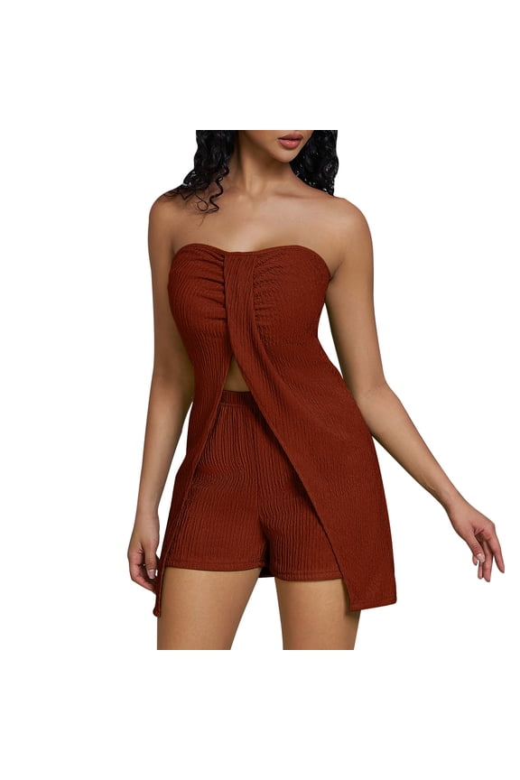 Women's Strapless Two-Piece Set, Off Shoulder Tube Top with Matching High Waist Shorts, Stylish Outfit for Beach and Casual Wear