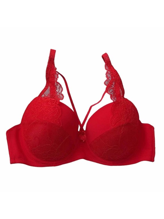 Women's Strappy Lace Push Up Bra - Underwire Demi Cup Bandeau with Scalloped Trim & Adjustable Straps for Romantic Silhouette & Enhanced Cleavage