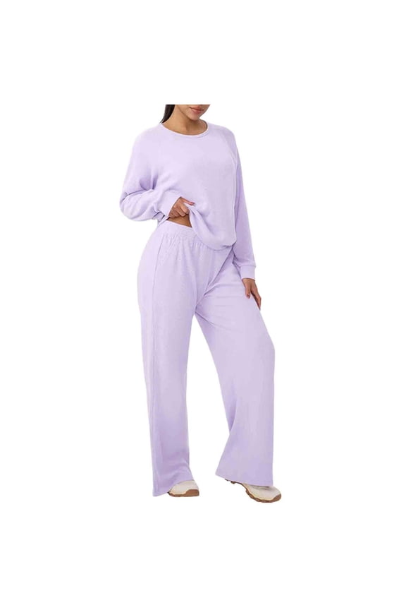 Women's Terry Cloth Relaxed Fit Two-Piece Set, Crew Neck Long Sleeve Crop Top with Matching Wide Leg Pants, Casual Outfit for Loungewear and Everyday Wear