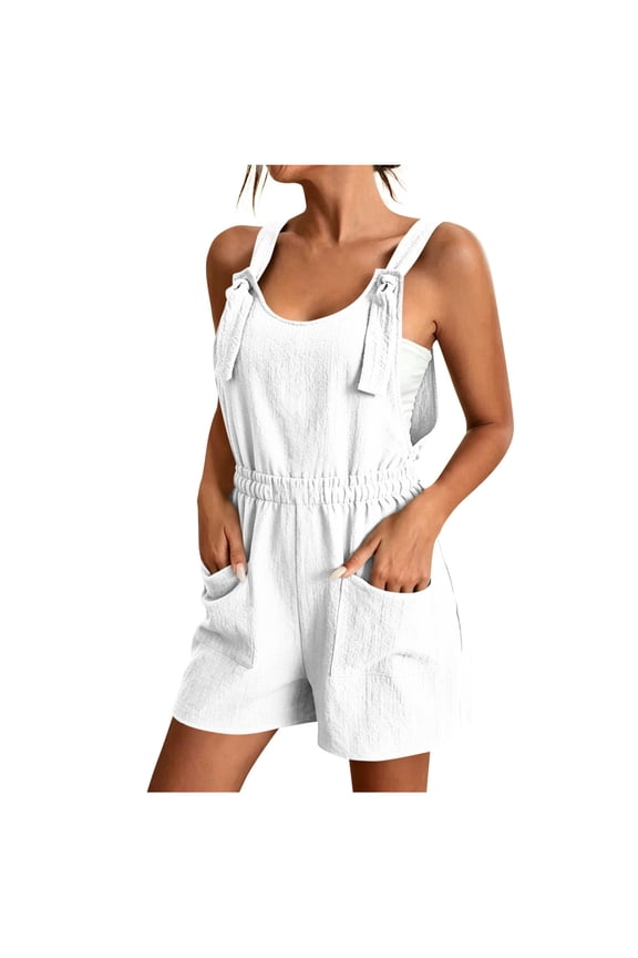 Women's Textured Knit Overall Cotton Blend Romper with Tie Straps & Pockets - Loose Fit Sleeveless Summer Playsuit for Beach Vacation & Daily Casual Wear