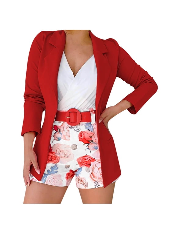 Women's Three-Piece Floral Print Set,Dressy Blazer Wide Belt and High Waist Shorts, Chic Casual Outfit for Parties and Semi-Formal Occasions