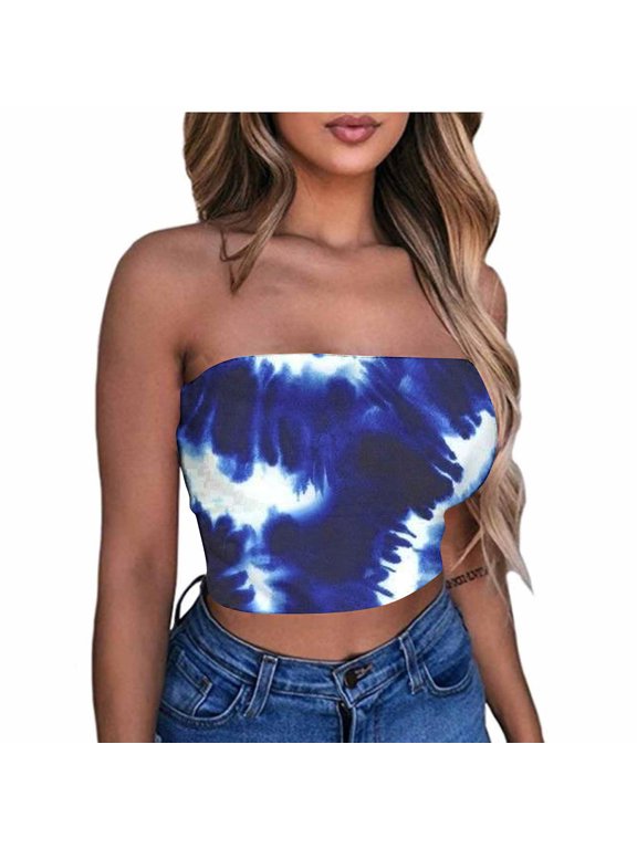 Women's Tie Dye Strapless Tube Top Y2K Trendy Crop Top Print Summer Outfit Sleeveless Bandeau for Party Club Beach Daily Wear