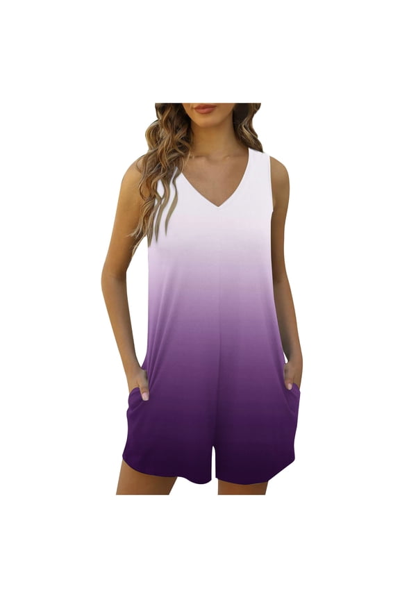 Women's V-Neck Gradient Ombre Romper with Loose Fit & Side Pockets - Lightweight Sleeveless Summer Jumpsuit for Beach Vacation & Lounge Wear