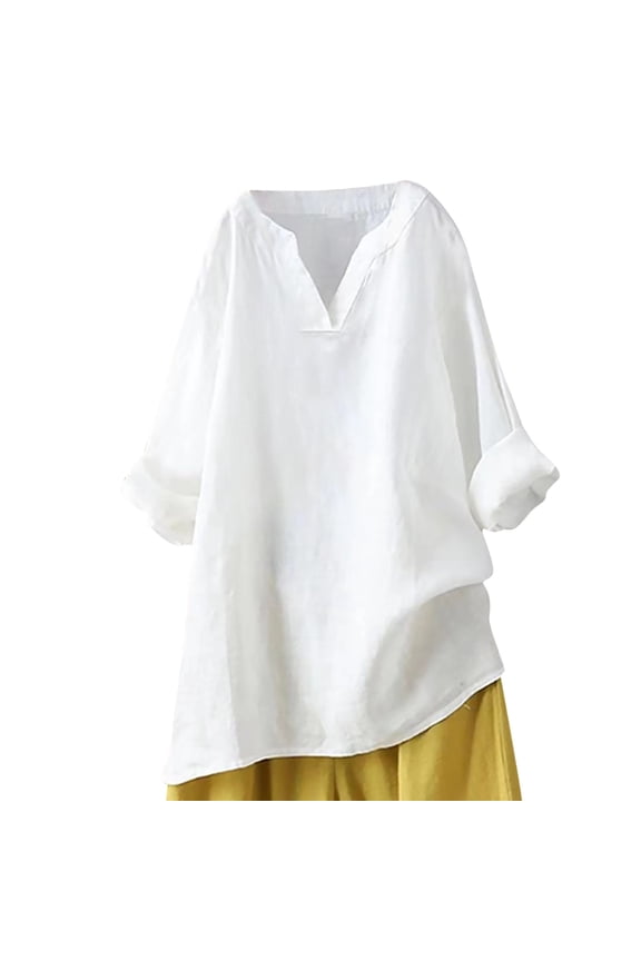 Women's V Neck Long Sleeve Loose Cotton and Linen Shirts Summer Shirts Blouse White S