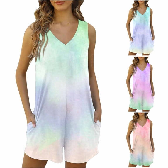 Umfun Women's V-Neck Tie-Dye Romper with Pockets - Flowy Loose Fit Sleeveless Summer Playsuit for Beach Vacation & Comfortable Lounge Wear